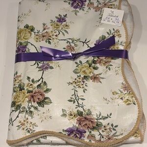 Floral Vinyl Tablecloth with Scalloped Trim - Cream, Purple, Yellow